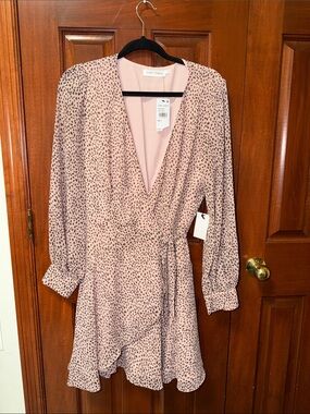 Floret Studios Wrap Mini Dress Animal Print V Neck Tie Waist Pink Size L